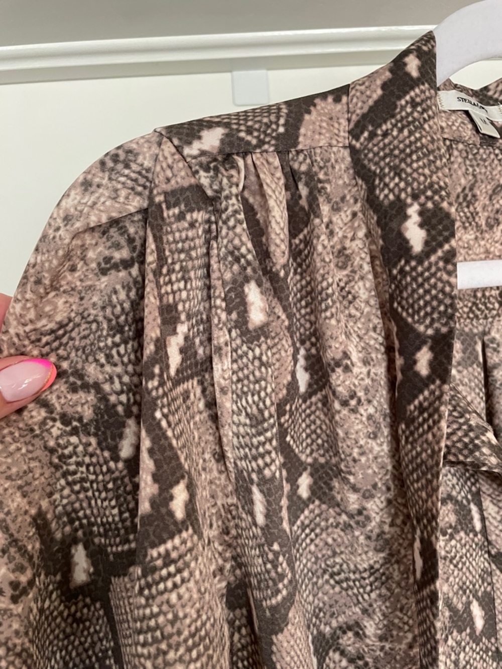 Stella & Dot Taupe and Brown Snake-Print Tie-Neck Blouse - Picture 12 of 16